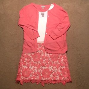 Coral and cream skirt, tank, and cardigan